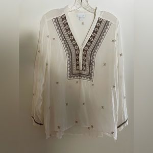 J.Jill sheer blouse with tan and brown embroidered stitching detail